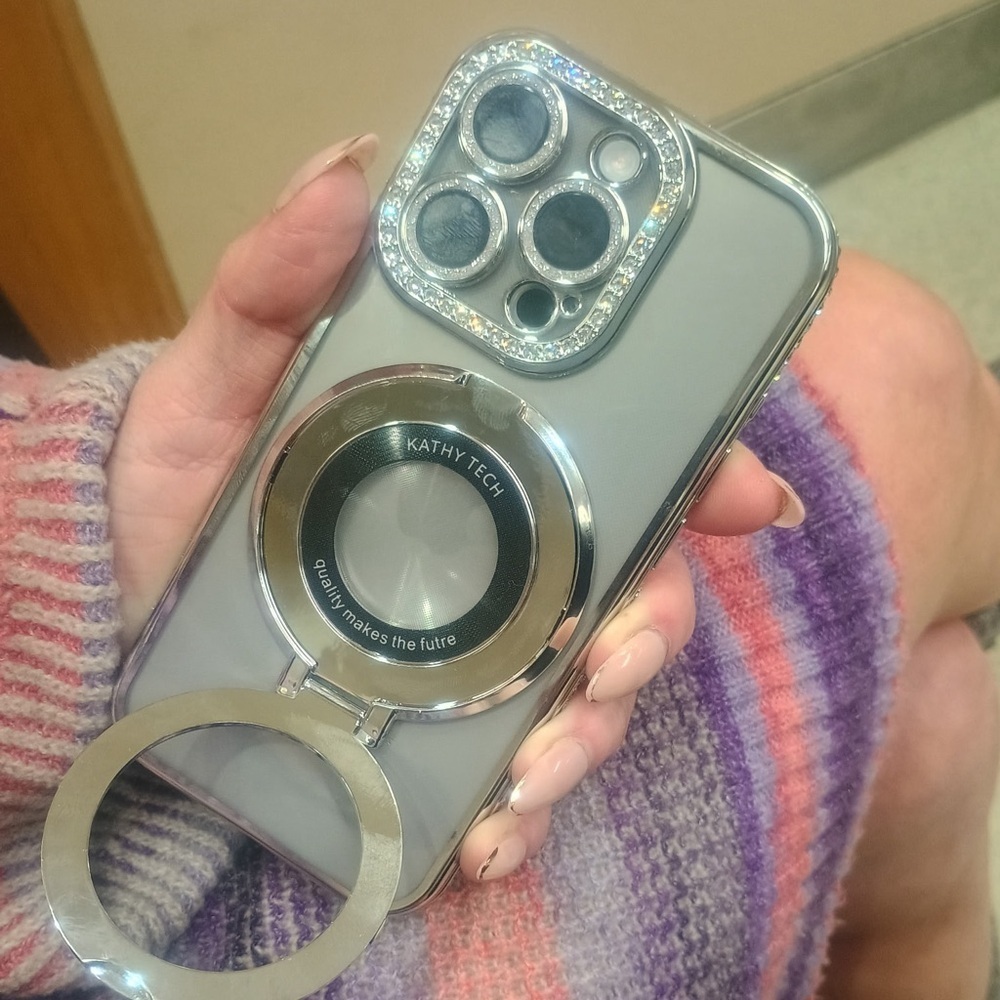 CLEAR SILVER RHINESTONE BLING IPHONE 15PRO PHONECASE WITH KICKSTAND - Picture 14 of 14